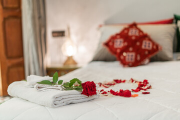 Beautiful interior of a bedroom inside a riad in the medina of Fes, Morocco