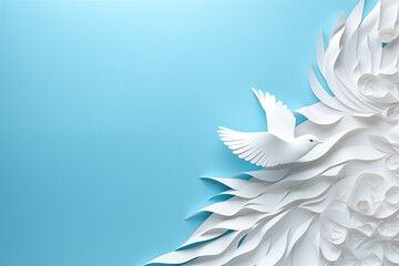 Fototapeta na wymiar Decorative Paper Background with a White Bird Flying into White Clouds, Providing Space for Text on a Blue Background. Elegant and Serene Design Ideal for Invitations, Posters, or Inspirational Quotes