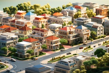 Fototapeta premium Modern cityscape with houses and trees. 3d render illustration.