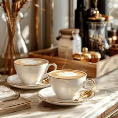Fototapeta premium Two Cups of Coffee on Table. Generative AI