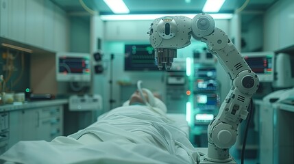 Robot Lying in Hospital Bed - obrazy, fototapety, plakaty