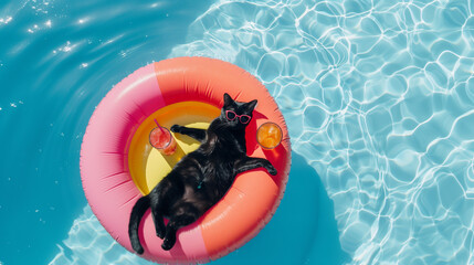 A black cat in sunglasses lounges in a pool on an inflatable ring with cocktails, exuding contentment and humor. - obrazy, fototapety, plakaty
