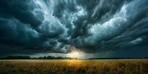 Gloomy storm clouds gather blocking the sun in ominous dark scene. Concept Weather, Storm, Dark Sky, Nature, Atmosphere - obrazy, fototapety, plakaty