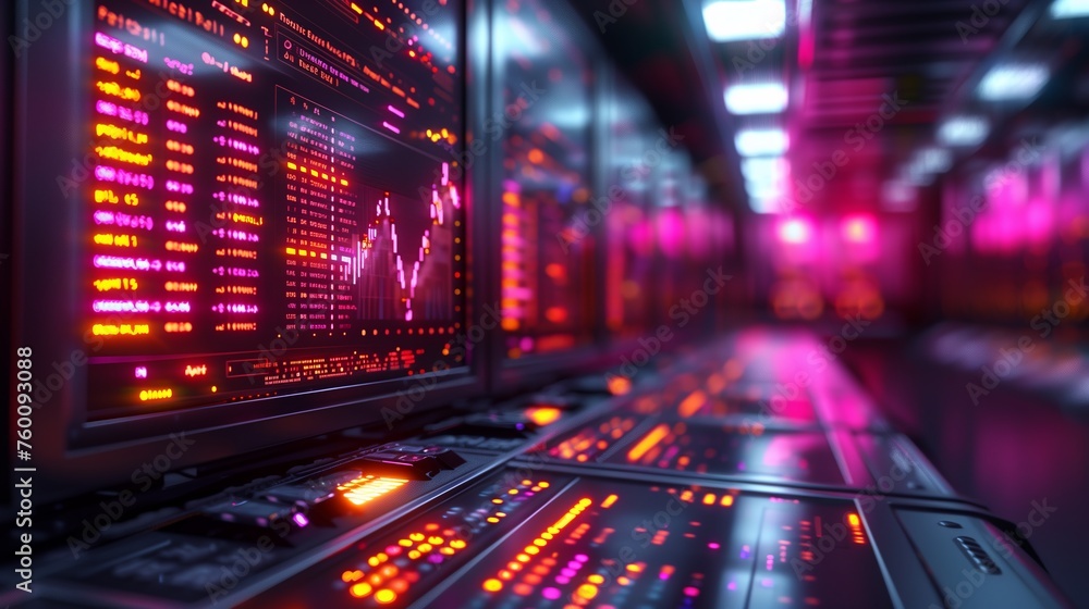Poster row of computer monitors in data center