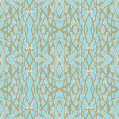 vector, seamless, abstract, geometric pattern of stylized painted lines, bands that intertwine and form a medallion composition. Beach and sea colors: blue, sand.