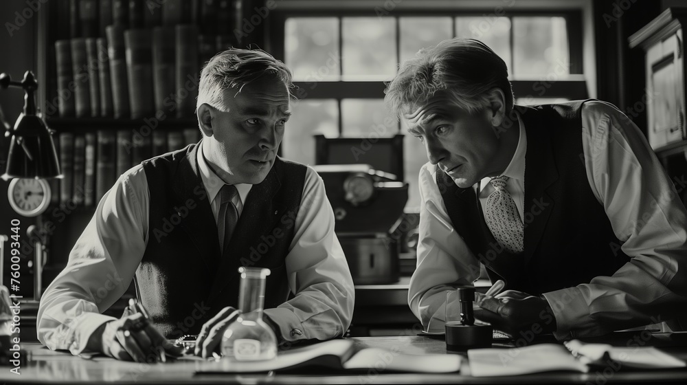 Poster scientists discussing enigma at table