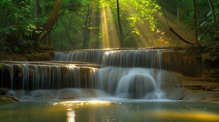 Serene Waterfall with Sunrays Through Trees for Earth Day