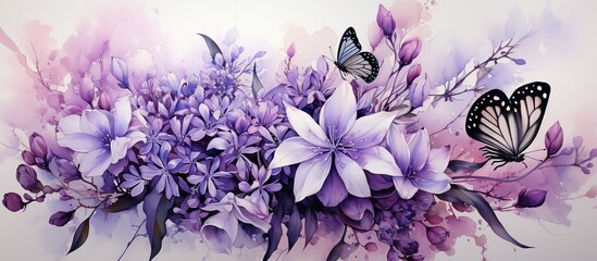 Bouquet of lilac flowers on a watercolor background.