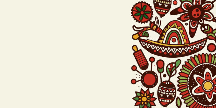 Mexican background festive backdrop for festival Cinco de mayo. Mexico poster. Vibrant illustration of traditional mexican folk art designs along a border