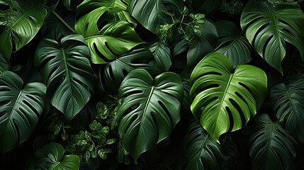 Tropical leaves monstera on dark background.