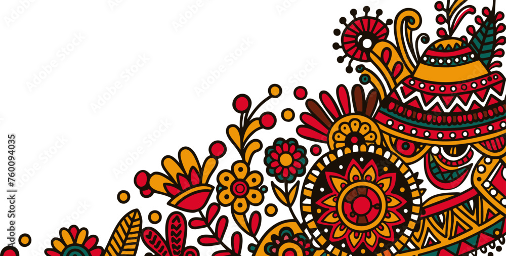 Wall mural Mexican background festive backdrop for festival Cinco de mayo. Mexico poster. Vibrant paisley and floral pattern design with traditional indian motifs bordering white space