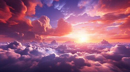 Beautiful aerial view above the clouds at sunset - obrazy, fototapety, plakaty