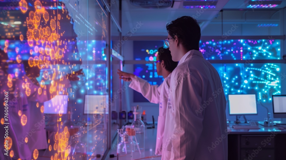 Poster scientist in lab coat observing display