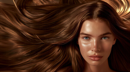 Fototapeta premium Girl with beautiful shiny brown coloured hair and perfect face, perfect silky hair ad on beige background