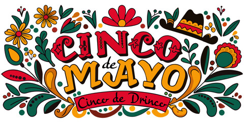 Mexican background festive backdrop for festival Cinco de mayo. Mexico poster. Colorful hand-drawn illustration lettering with festive motifs