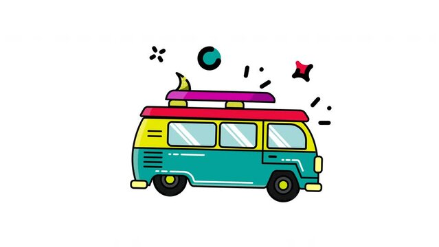 Animated Van with surfboard on top suitable for travel, adventure, summer vacation, surf trips, beach getaway, surfing lifestyle content, road trip visuals