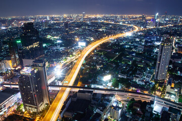 Fototapeta na wymiar aerial night view of Bangkok City skyscrapers Thailand