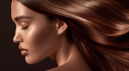 Naklejka premium Girl with beautiful shiny brown coloured hair and perfect face, perfect silky hair ad on beige background