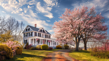 Traditional American house with Springtime garden and blooming pink sakura.