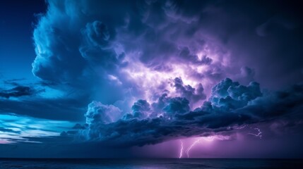 A majestic ocean storm brews as a single lightning bolt strikes over open water, showcasing...