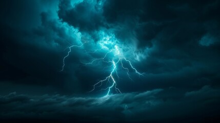 A single intense lightning bolt splits the night sky amidst dark clouds - obrazy, fototapety, plakaty
