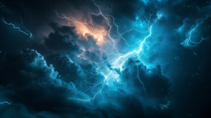 A spectacular lightning show pierces through the clouds with glowing orange hues at the edges - obrazy, fototapety, plakaty