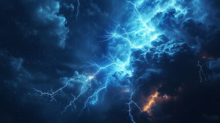 Majestic lightning bolts dance across a starry night sky with a hint of fiery glow