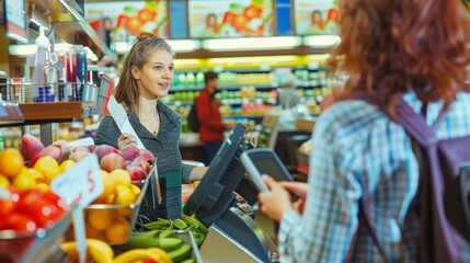 Woman at Cash Register in Grocery Store - obrazy, fototapety, plakaty