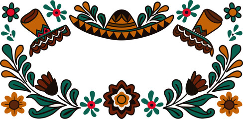 Mexican background festive backdrop for festival Cinco de mayo. Mexico poster. Vibrant mexican folk art inspired frame with floral and sombrero elements