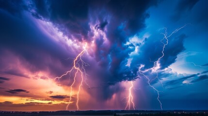 An awe-inspiring landscape with lightning tearing through the sky at dusk with shades of purple and blue