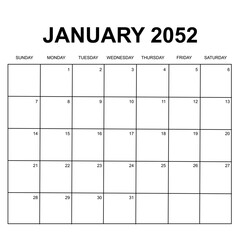 january 2052. monthly calendar design. week starts on sunday. printable, simple, and clean vector design isolated on white background.