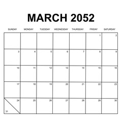 march 2052. monthly calendar design. week starts on sunday. printable, simple, and clean vector design isolated on white background.