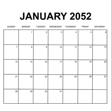 january 2052. monthly calendar design. week starts on sunday. printable, simple, and clean vector design isolated on white background.