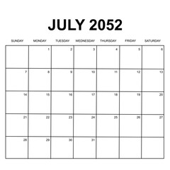 july 2052. monthly calendar design. week starts on sunday. printable, simple, and clean vector design isolated on white background.