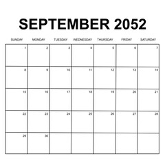 september 2052. monthly calendar design. week starts on sunday. printable, simple, and clean vector design isolated on white background.
