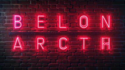 A neon sign with the word 'BELONG' in bright pink lights, set against a contrasting dark brick wall