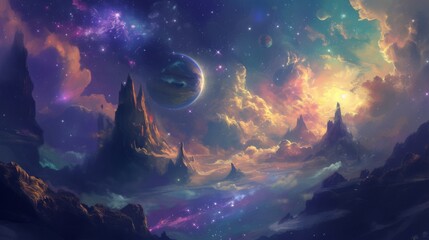 An otherworldly digital painting of an alien landscape aglow with dazzling stars and a looming...