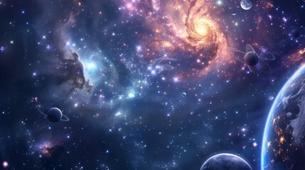 This stunning space visualization showcases a vibrant galaxy formation, stars, and planets in cool...