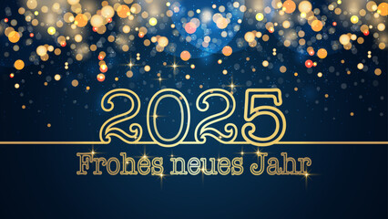 Karte oder Banner, um ein frohes neues Jahr 2025 in Gold auf blauem Hintergrund mit Kreisen und goldfarbenem Glitzer im Bokeh-Effekt zu wünschen - obrazy, fototapety, plakaty