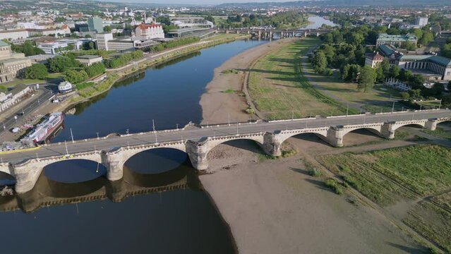 The drone aerial footage of River Elbe runs through Dresden city, Germany. 