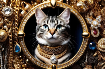 Discover regal elegance with this majestic cat adorned in lavish jewelry, encircled by a golden frame. A perfect blend of feline grace and opulent luxury.
