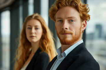 Smiling redhead Businessman with female Colleague