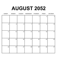 august 2052. monthly calendar design. week starts on sunday. printable, simple, and clean vector design isolated on white background.