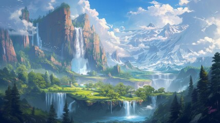 A breathtaking digital artwork showcasing towering cliffs, powerful waterfalls and a peaceful...