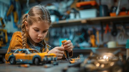 A girl fixing a toy car with a screwdriver, focused and determined, in a workshop setting