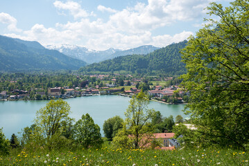 view to Rottach-Egern tourist resort and lake Tegernsee, springtime upper bavaria