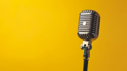 Vintage microphone on a yellow background. Music, entertainment, and podcasting concept with copy space