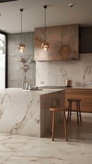 Modern kitchen interior design with white marble texture and wooden furniture. Contemporary home decoration with high-quality materials and clean lines