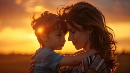 A loving mother and son share a tender moment at sunset. Their bond is evident in their expressions. - obrazy, fototapety, plakaty