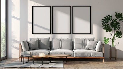 Modern living room interior with a comfortable grey sofa, wooden coffee table, and blank frames on the wall.